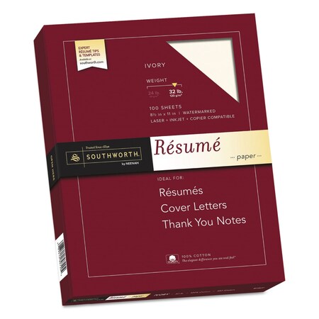 Southworth Resume Paper, 32 lb Bond Weight, 8.5 x 11, Ivory, PK100 RD18ICF